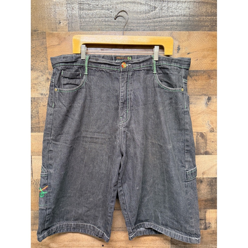 BKLYN Xpress 70 Mens Carpenter Denim Shorts Gray Contrast Stitch Embroidered 40